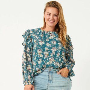 Ladies Plus Teal & Purple Floral Ruffle Blouse - FINAL CLEARANCE